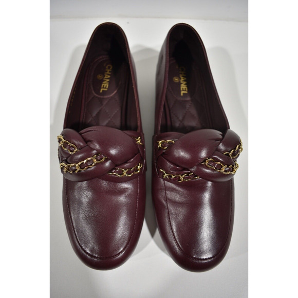 Chanel 17A Burgundy Red Braided CC Logo Gold Chain Slide Loafer Moccasin Flat 37 - Picture 6 of 10